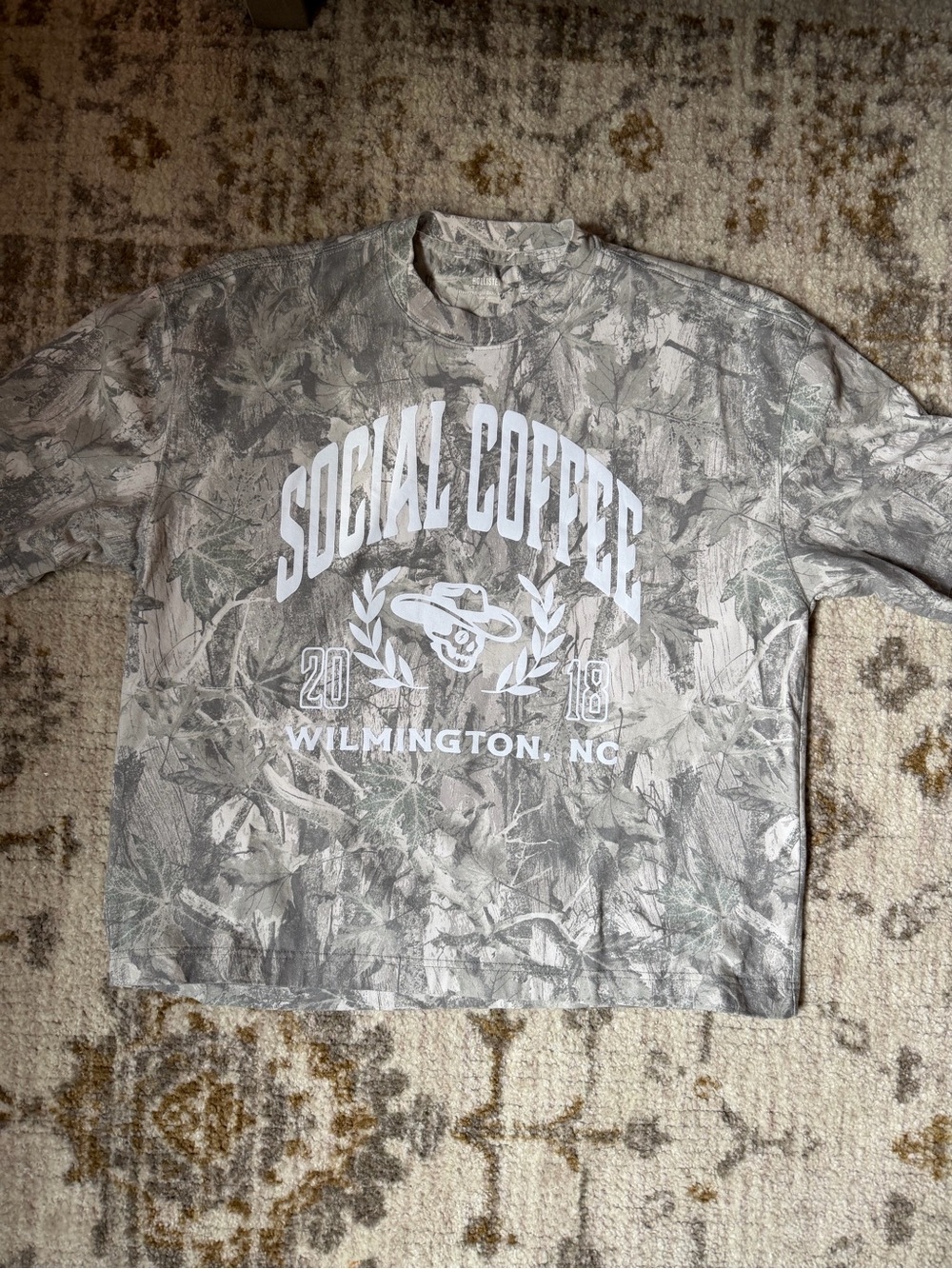 Social Coffee Camouflage Oversized Heavyweight Boxy Cropped T-shirt Size Large